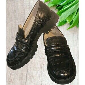Nine West WNGury3 Black Croc Embossed Lug Sole Loafers Sz 10 Vtg Y2K Look